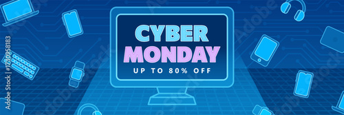 Cyber Monday neon header with computer monitor displaying up to 80% off discount, and falling gadgets on blue futuristic background. Tech banner for digital sales, online marketplace or social media