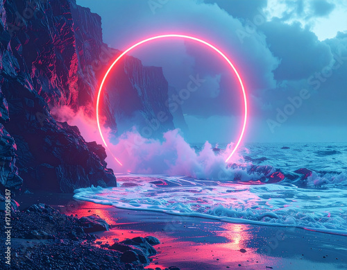 fantasy landscape with red neon circle