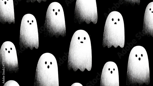 Ghosts on a dark backdrop. A variety of playful ghost characters are displayed on a black background, creating a whimsical Halloween atmosphere.