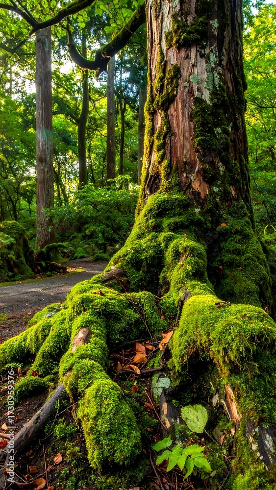 Naklejka premium Lush forest with mossy roots