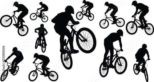 BMX cyclist silhouette, bicycle stunt illustration, extreme sport artwork, bike rider graphic, freestyle cycling design, competition clipart