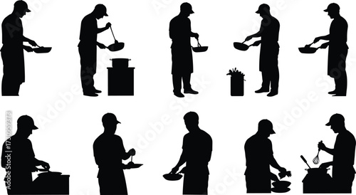 Chef silhouette, cooking man illustration, kitchen activity artwork, food preparation graphic, culinary design clipart, restaurant worker
