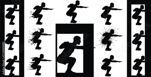 Squat exercise silhouette, fitness workout illustration, gym training artwork, athlete graphic, strength body design, sport activity clipart