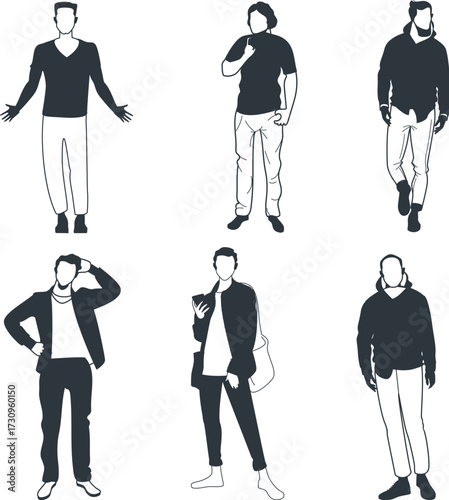 A vector illustration of a set of business people silhouettes, including men and women, walking in style