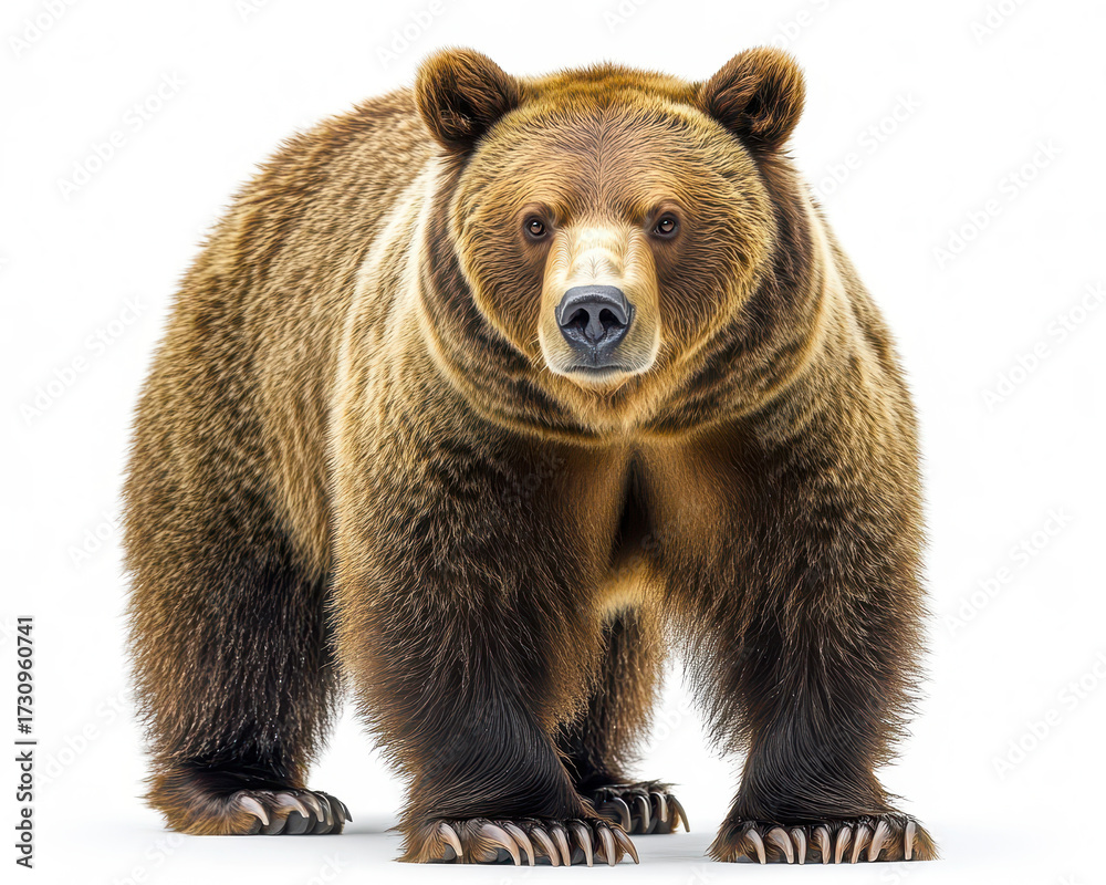 Obraz premium Hyperrealistic Portrait of Brown Bear Facing Forward on Isolated White Background Detailed Fur Texture