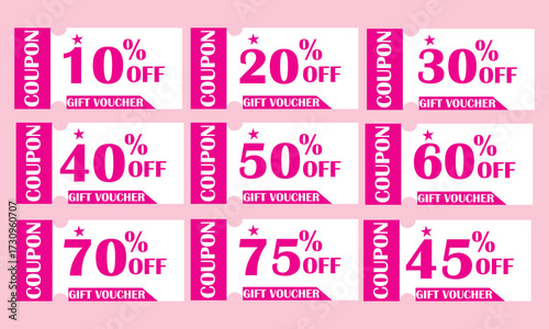 A collection of colorful discount coupons, each offering a percentage off, presented in a grid format. These gift vouchers are ideal for retail promotions and marketing campaigns.