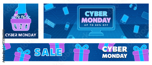 Cyber Monday SALE web banners in flat illustration style. Neon discount posters with shopping basket, tech gadgets, screen and gift boxes on blue circuit board background. Perfect for online promotion