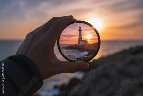 A view of a lighthouse by the sea through an optical lens. A journey around the world.