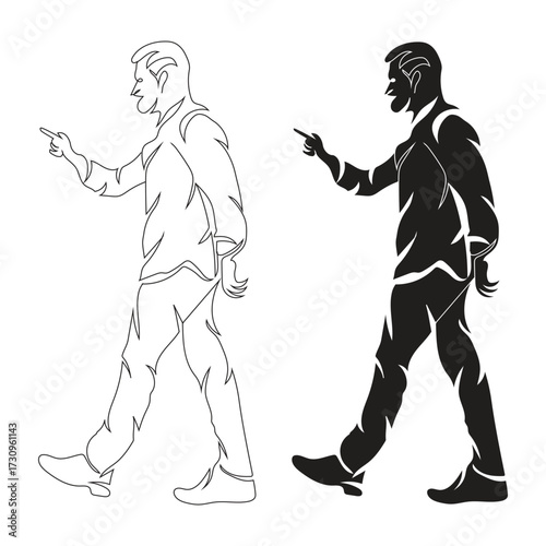 A cartoon vector illustration of a couple dancing silhouette and a warrior fight drawing of people running and walking with a sketch of a woman
