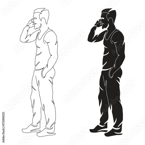 Vector cartoon illustration of a boxer or a man with a gun, a drawing of a person in sport or silhouette art