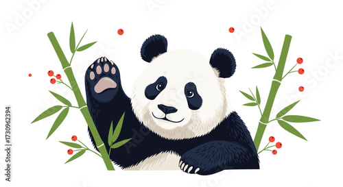 A cute panda waving hello amidst bamboo and berries.