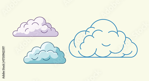 Cute cartoon clouds in different pastel colors set against a light beige background.