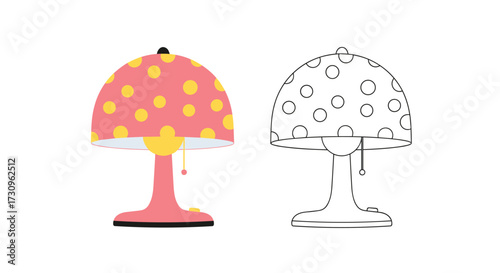 A colorful and simple desk lamp with a polka dot shade ready to be colored.