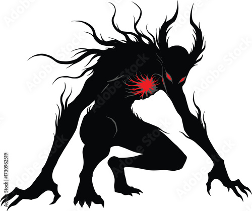 Dark shadow demon with glowing red eyes and heart, evil creature silhouette, horror fantasy monster, supernatural entity vector art