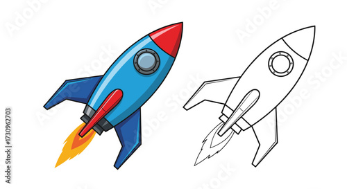 A simple blue and red rocket ship launching with fiery exhaust and a separate outline drawing of the same rocket ship.
