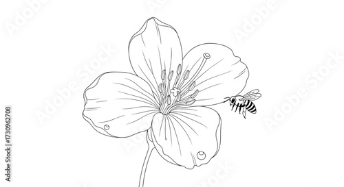 A delicate sketch of a single flower with a bee visiting on the right side.