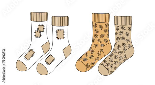 A pair of white socks with patches and a pair of leopard print socks.