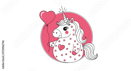 A whimsical cartoon unicorn with a heart balloon and polka dots is a magical creature.