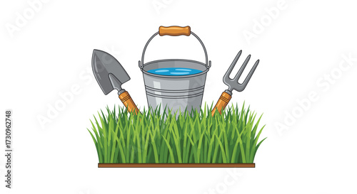 Gardening tools including a bucket a trowel and a fork with green grass background.
