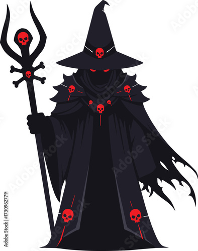 Dark wizard with red glowing eyes, black tattered cloak adorned with red skulls, wielding a sinister staff topped with red skull, fantasy villain mage illustration