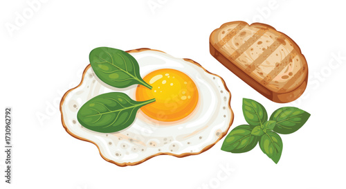 A simple breakfast plate with a fried egg toast and fresh basil leaves.