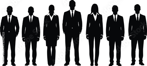Formal business team silhouette with men and women in suits – professional corporate group, leadership, teamwork, office workforce vector illustration