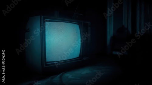Vintage television screen glowing in a dark room, eerie atmosphere.
