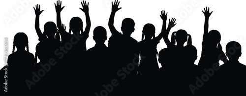 Group of children raising hands – silhouette illustration of excited kids in classroom or event, vector black and white design