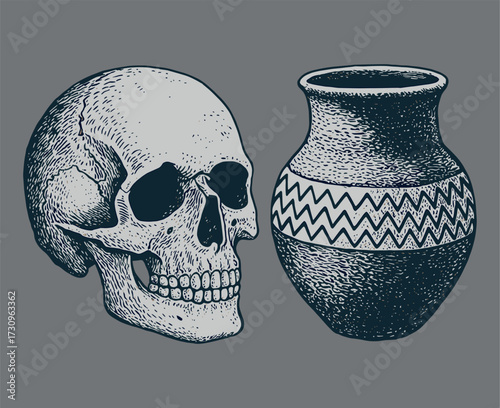 Vintage Archaeology Engraving – Ancient Pottery and Human Skulls