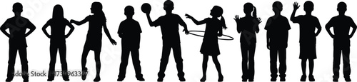 Group of kids silhouettes playing, hula hooping, and posing – diverse children having fun, active boys and girls, childhood joy vector