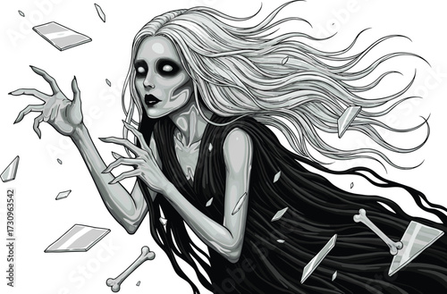 Haunted ghostly woman with flowing hair, dark hollow eyes, floating bones and shattered glass, spooky supernatural spirit illustration
