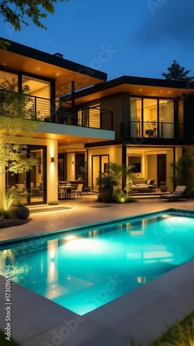 Modern residence with illuminated pool at dusk with elegant architecture
