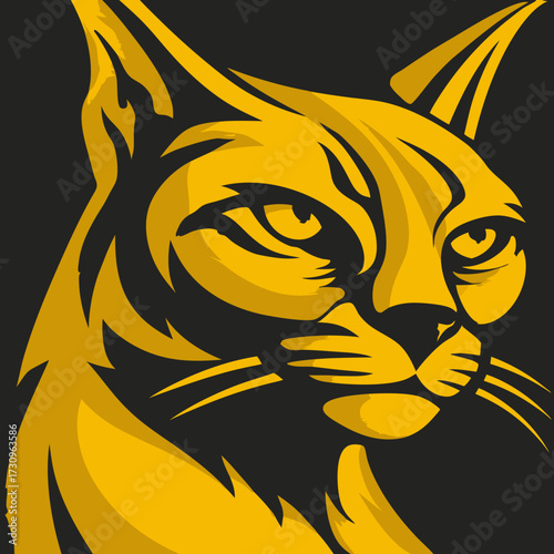 Powerful golden wild cat head illustration, intense feline mascot design on dark background, strong predatory animal graphic