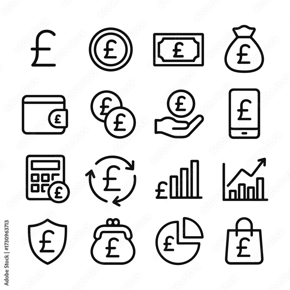 Fototapeta premium Sterling pound money currency icon collection. Outline symbols. Line design