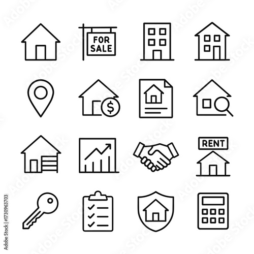 Housing and home buying vector icons collection. Outline symbols. Line design