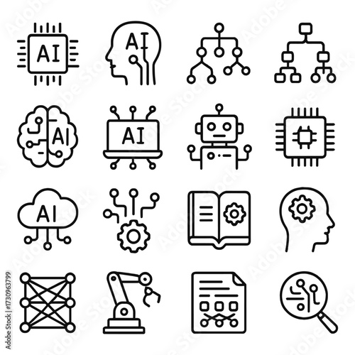 Artificial intelligence vector icon collection. Outline symbols. Line design
