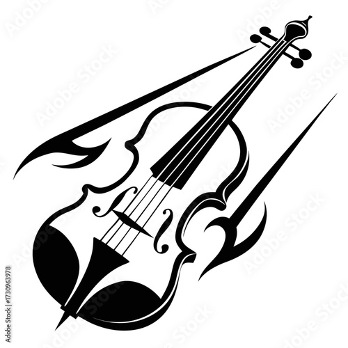 Stylized black silhouette of a violin with a bow and abstract tribal elements isolated on white background