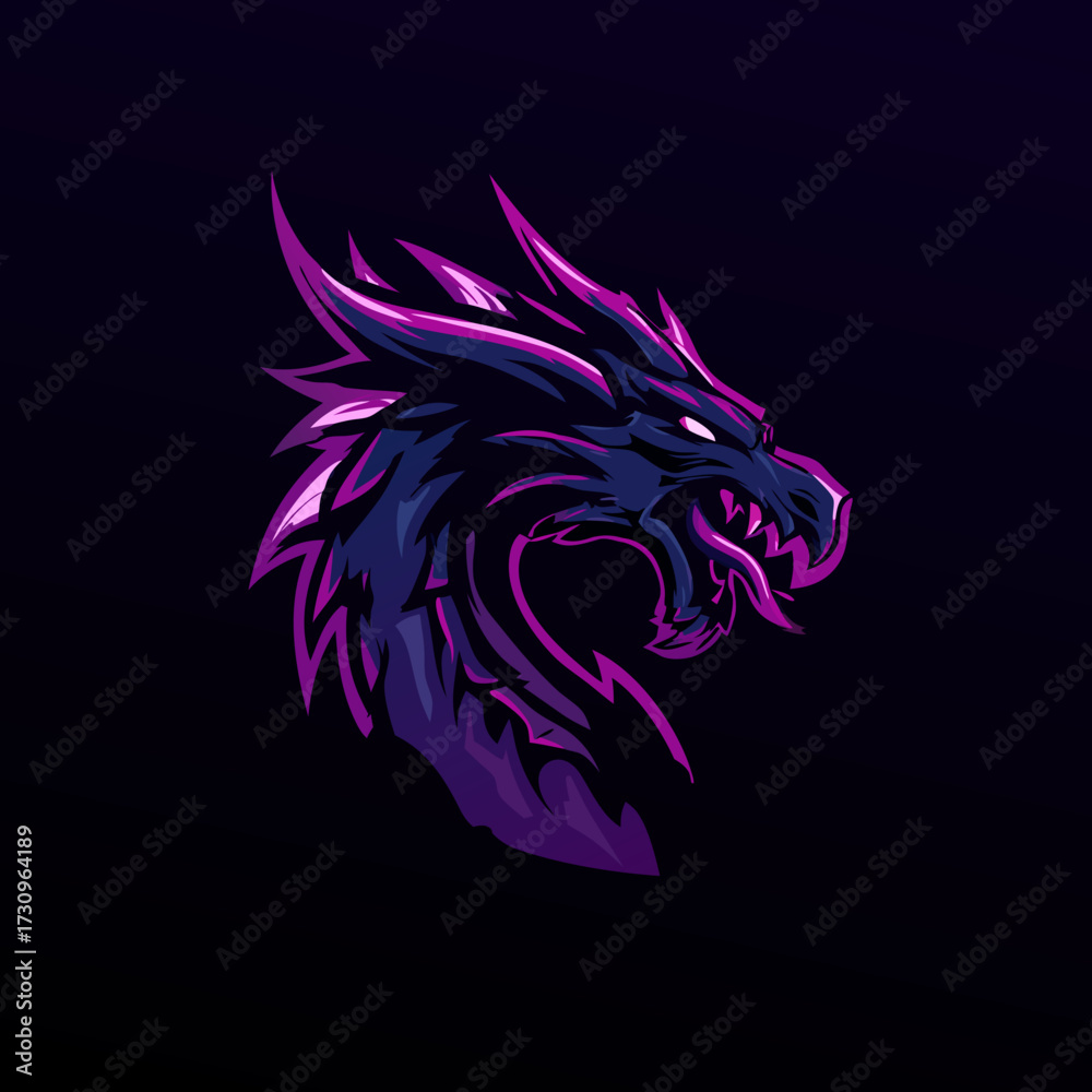 Naklejka premium Fierce Dragon Head Illustration with Glowing Purple and Blue Tones. Aggressive Fantasy Beast Design for Gaming and Esports Mascots.