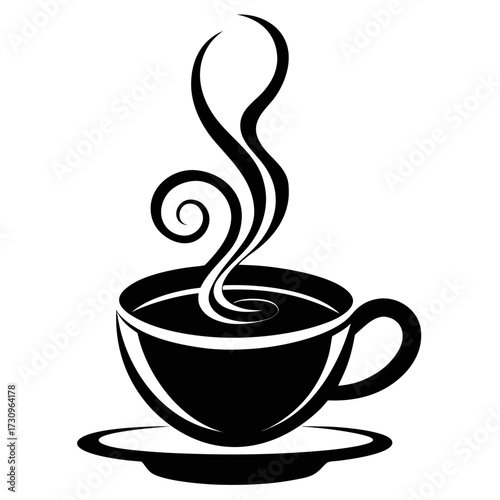 Stylized black silhouette of a steaming coffee cup and saucer isolated on white background