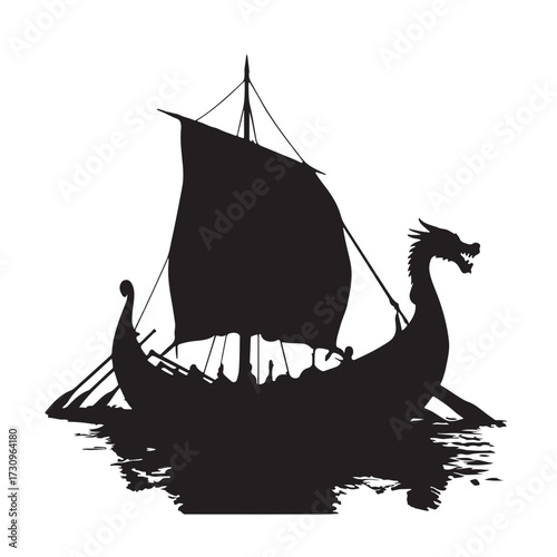 Black silhouette of a dragon headed viking ship sailing on water