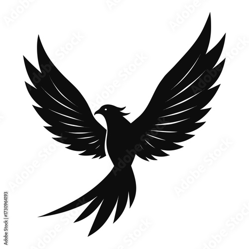 Majestic black phoenix silhouette in flight isolated on white background