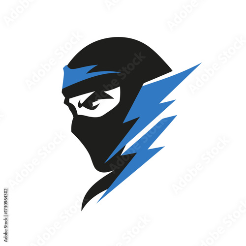 Sleek black ninja head illustration with blue lightning bolt. Dynamic warrior mask, assassin, or gaming avatar concept.
