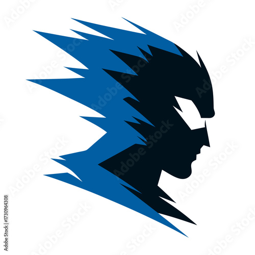 Dynamic blue silhouette of a speedy male profile with abstract jagged lines, representing power, energy, and rapid motion concept