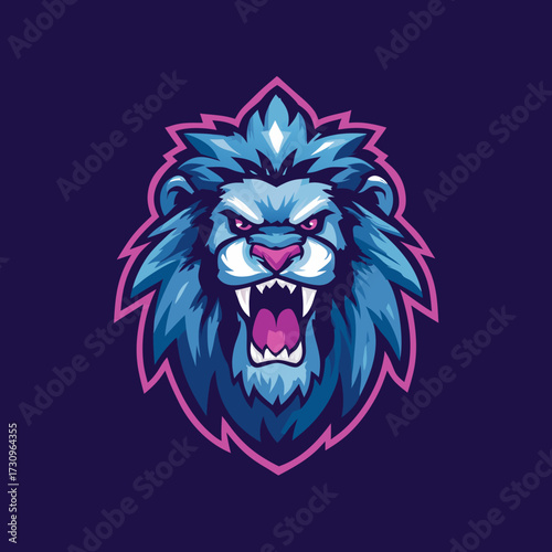 Vibrant Blue Lion Head Mascot Illustration with Aggressive Roar for Gaming and Sports Themes