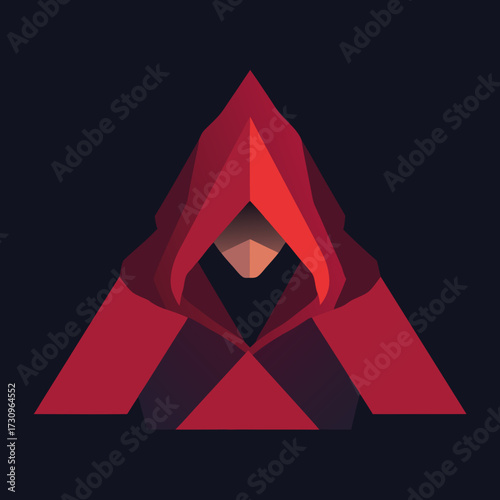 Mysterious hooded figure illustration with geometric red design, minimalist art, stylized character on dark background, stealth concept