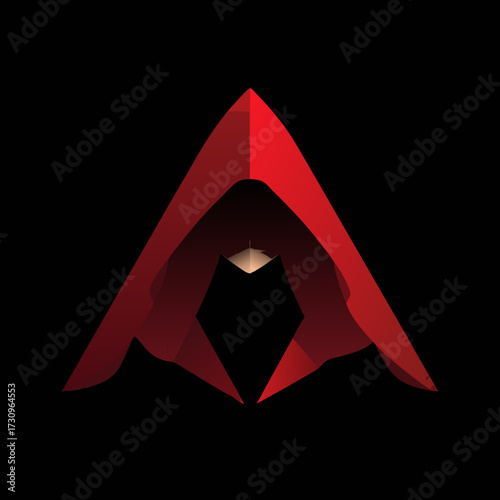 Abstract Red Hooded Figure Symbol: Mysterious Geometric Cloak Design on Black Background for Modern Graphic Element