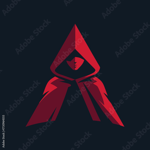 Mysterious red hooded figure illustration, anonymous cloaked character icon. Minimalist digital art graphic design element on a dark background.