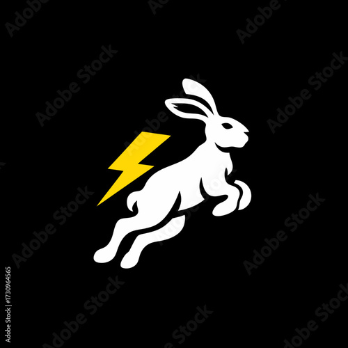 Dynamic white rabbit or hare jumping with a yellow lightning bolt, symbolizing speed, energy, and agility. Fast animal graphic design.