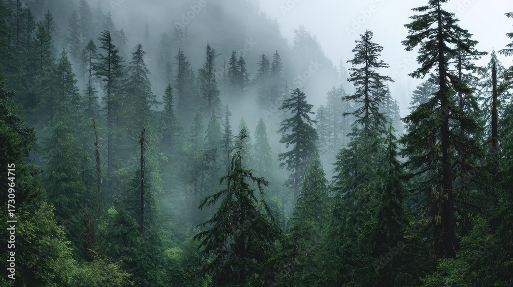 Fototapeta premium Lush Green Forest with Tall Trees and Soft Mist.