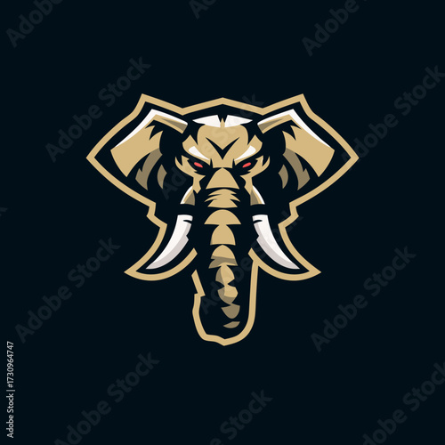 Powerful elephant head mascot illustration with aggressive red eyes and tusks, perfect for esports team logo design.